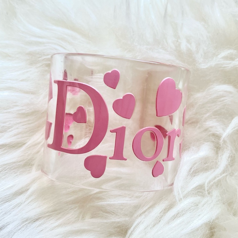 Christian Dior Clear Pink Hearts&Logo Cuff Bracelet Vintage Barbiecore auth